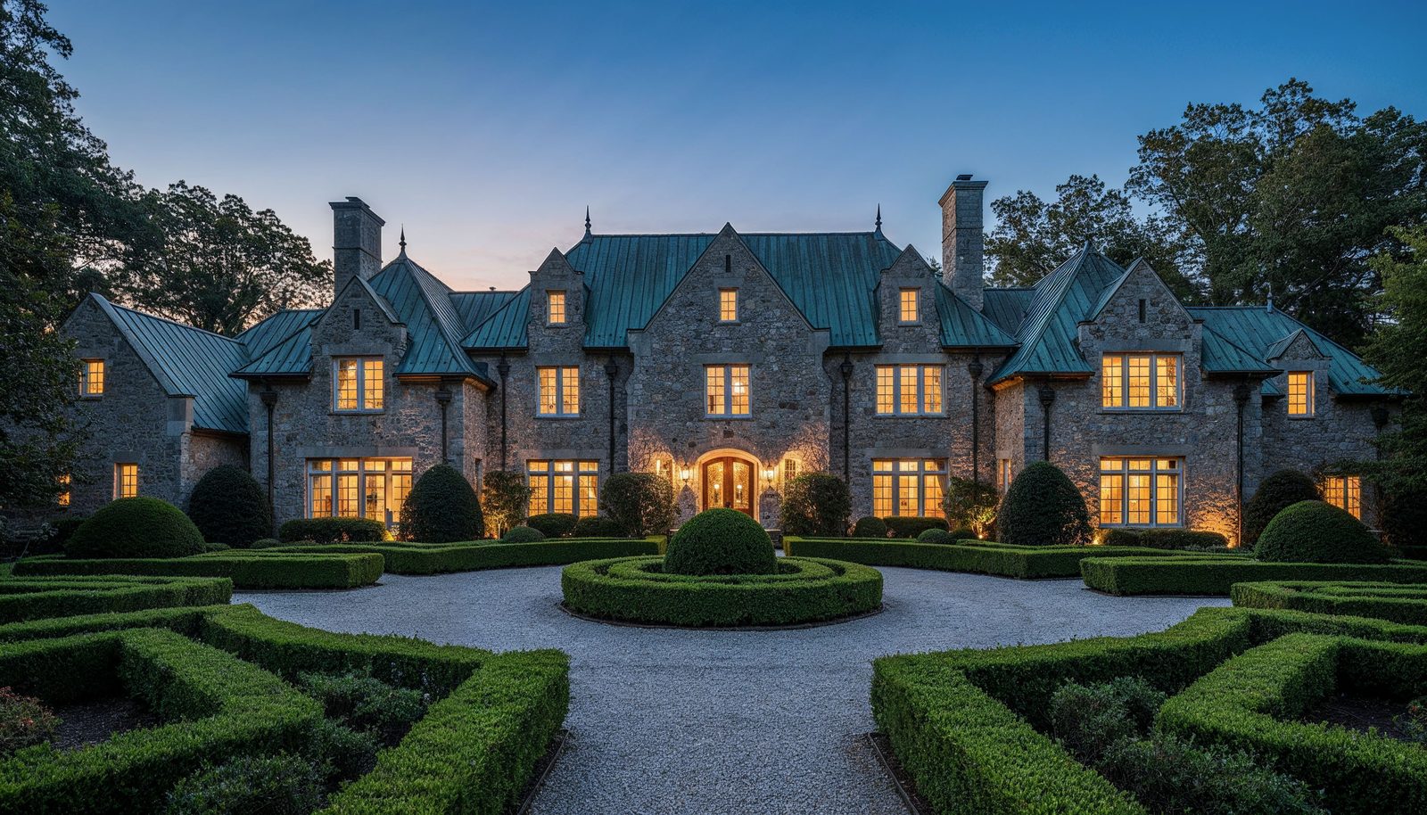 Tuxedo Park stone chateau — Buckhead Atlanta luxury real estate twilight photography by Austin Cook