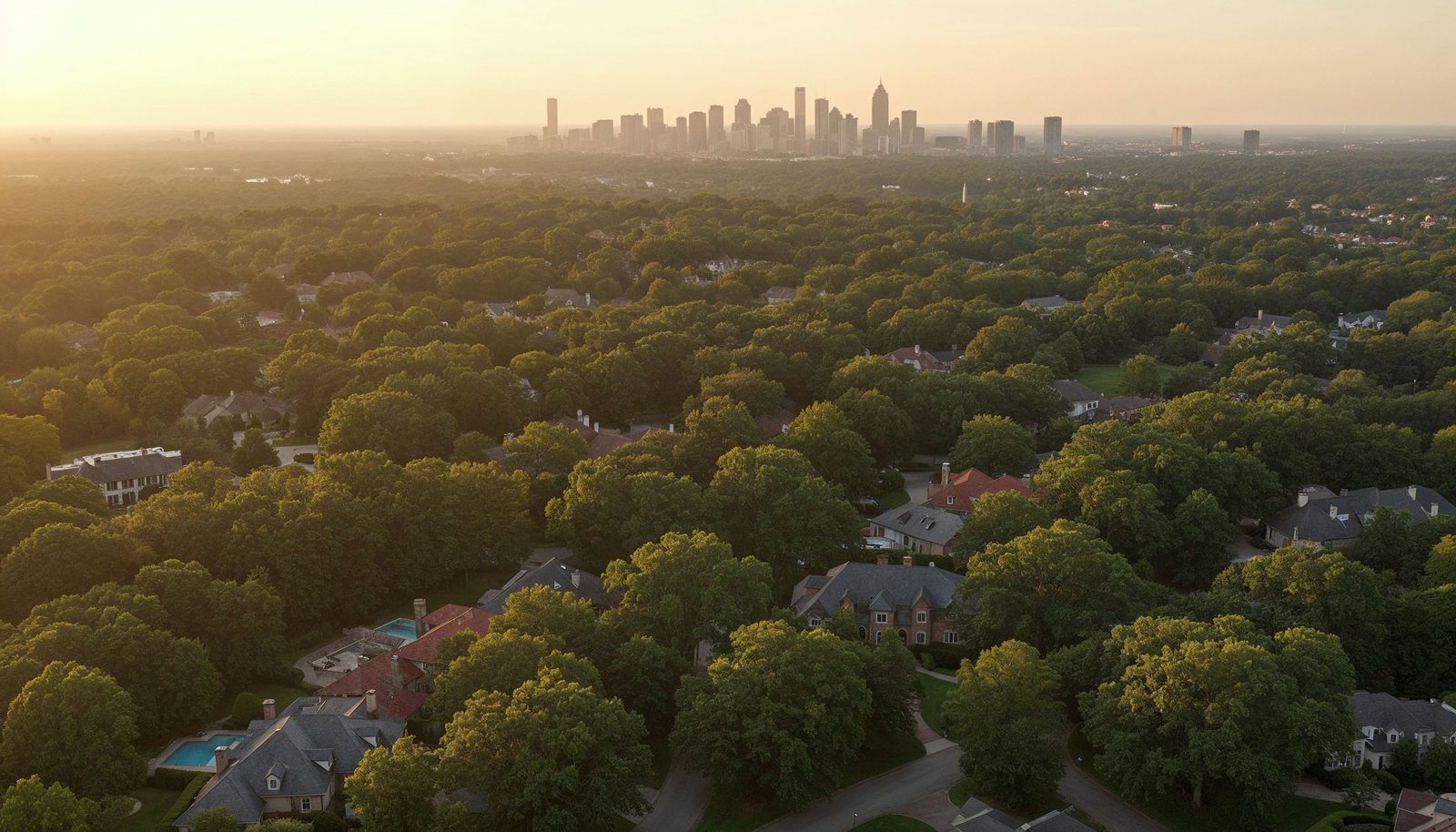 Buckhead reveal — golden hour aerial drone photography of Atlanta luxury homes by Austin Cook, FAA Part 107