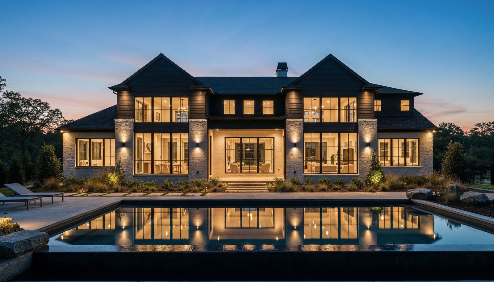 Sandy Springs Georgia luxury home — blue-hour exterior twilight real estate photography by Austin Cook