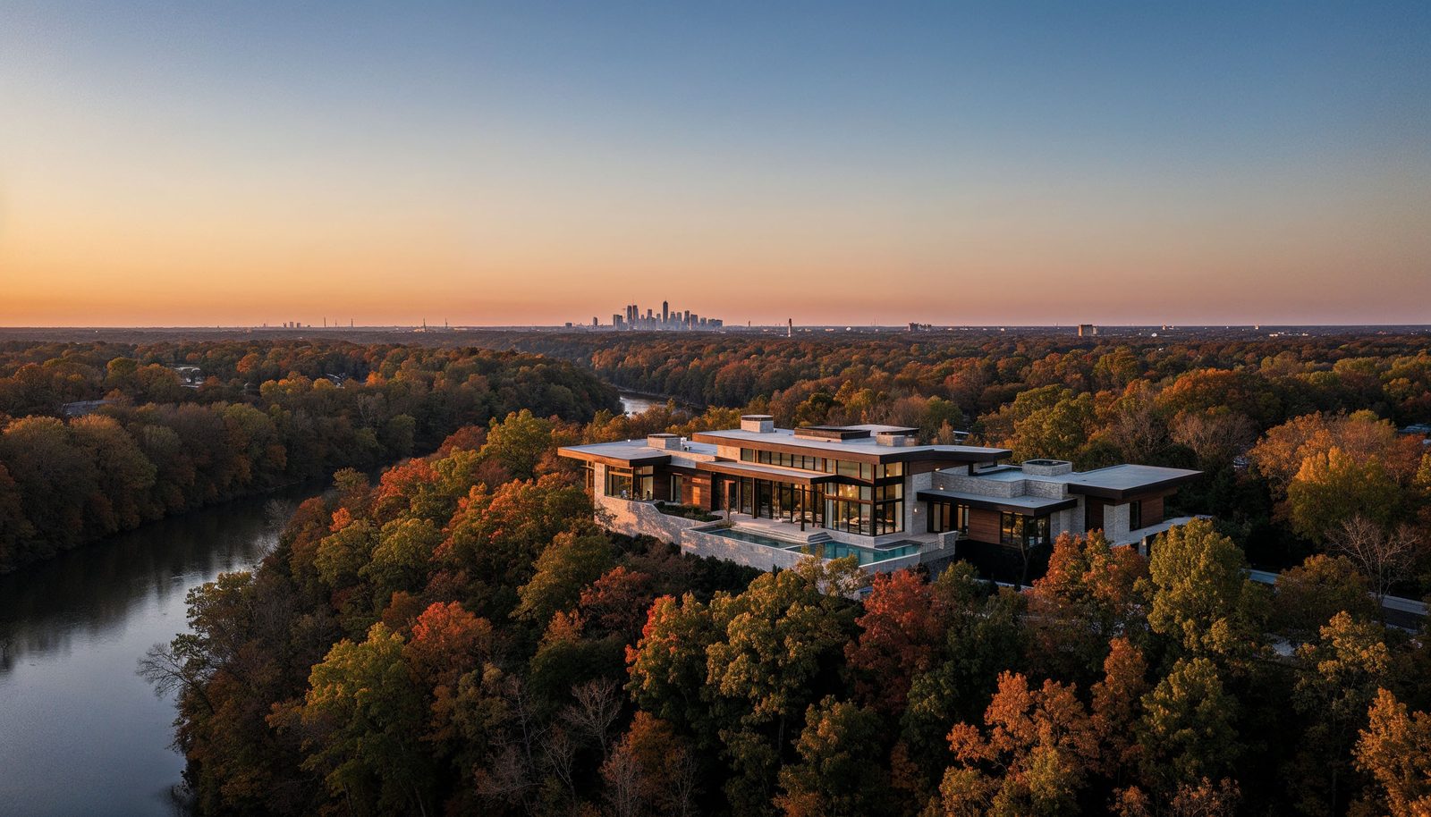 Cumberland Atlanta aerial establishing shot — Chattahoochee River sunset drone photography by Austin Cook