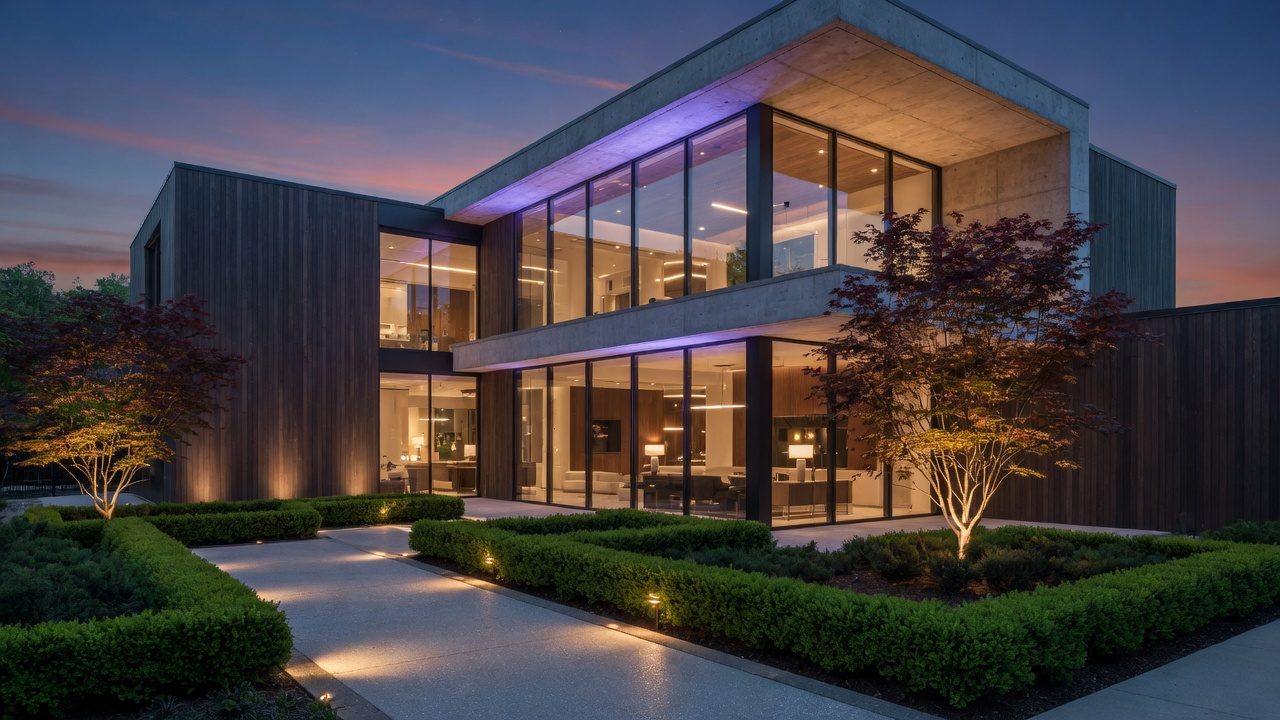 Modern luxury Atlanta home exterior at twilight — contemporary architecture real estate photography by Austin Cook