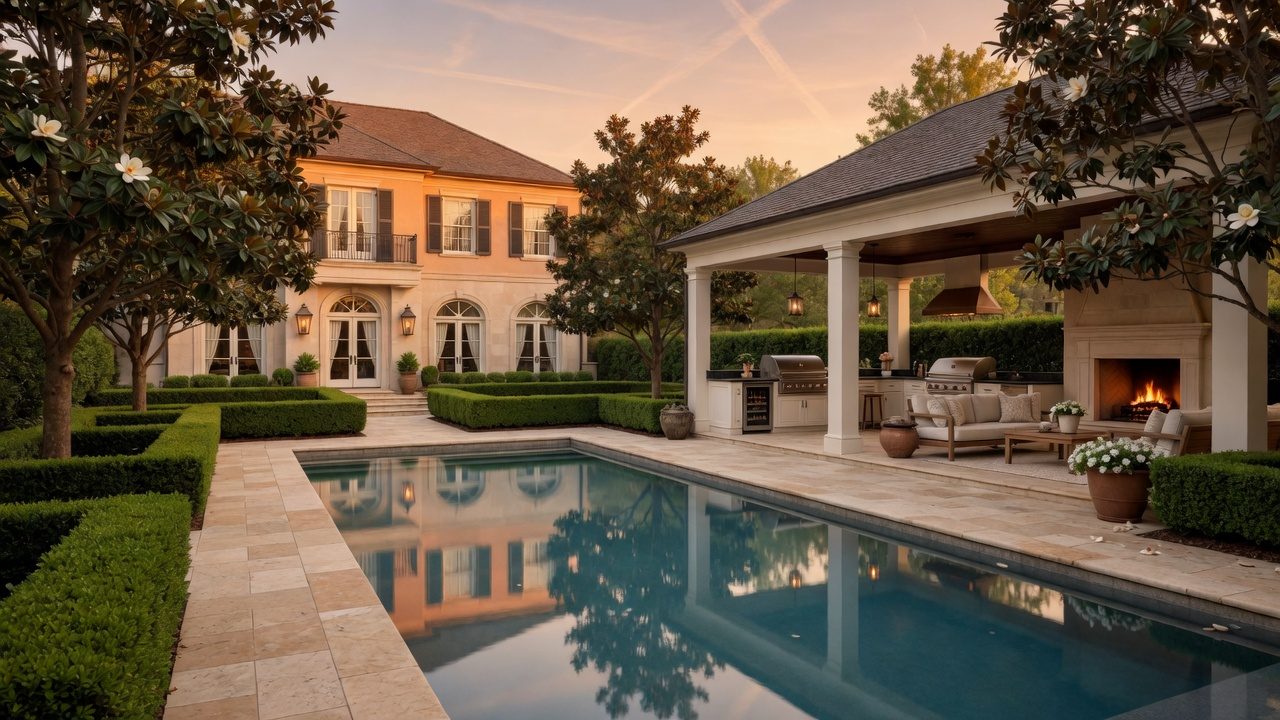 Luxury Atlanta backyard pool oasis at golden hour — outdoor living real estate photography by Austin Cook