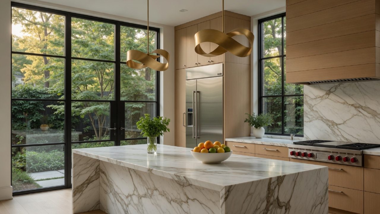 Modern luxury Atlanta kitchen with calacatta marble and white oak — architecture and design editorial photography by Austin Cook