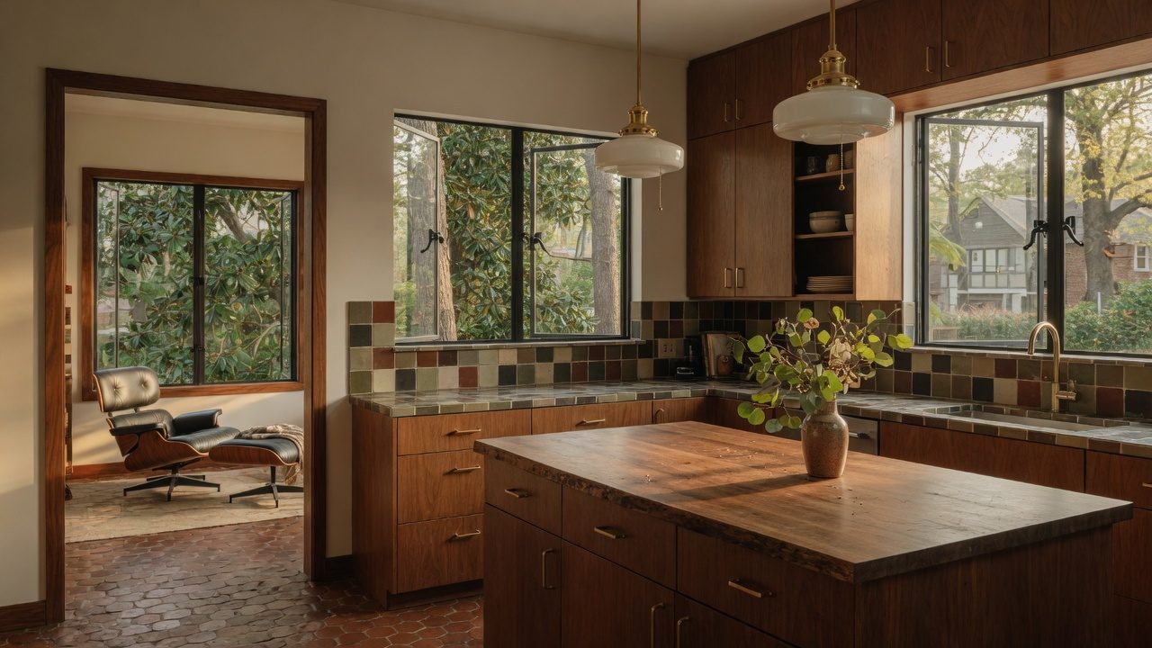 Mid-century modern Druid Hills kitchen — walnut and brass interior architecture photography by Austin Cook