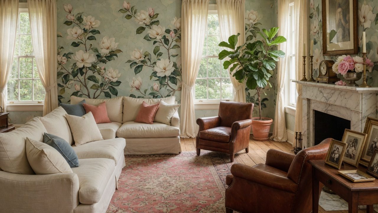 Cozy Southern chic living room in a Buckhead Atlanta estate — interior architecture editorial photography by Austin Cook